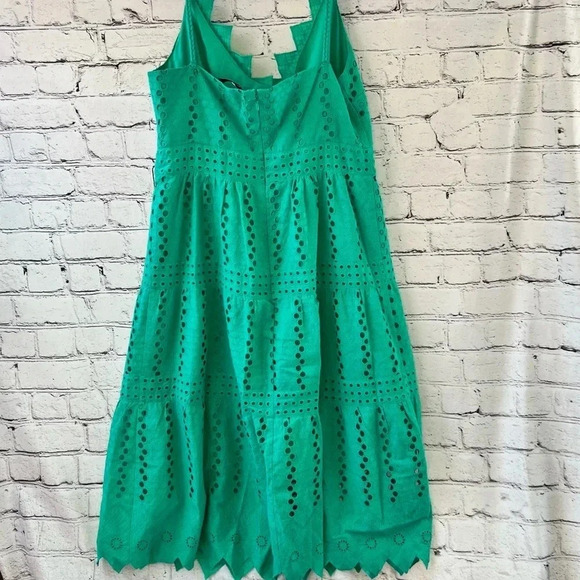 Kobi Halperin Green Eyelet Tiered Midi Cotton Dress V-Neck‎ Sleeveless Medium - Picture 12 of 15